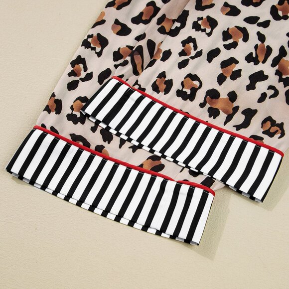 B313  Kahiki Leopard Print Color block Striped Edge Shirt and Pants Pajama Set - Picture 14 of 14